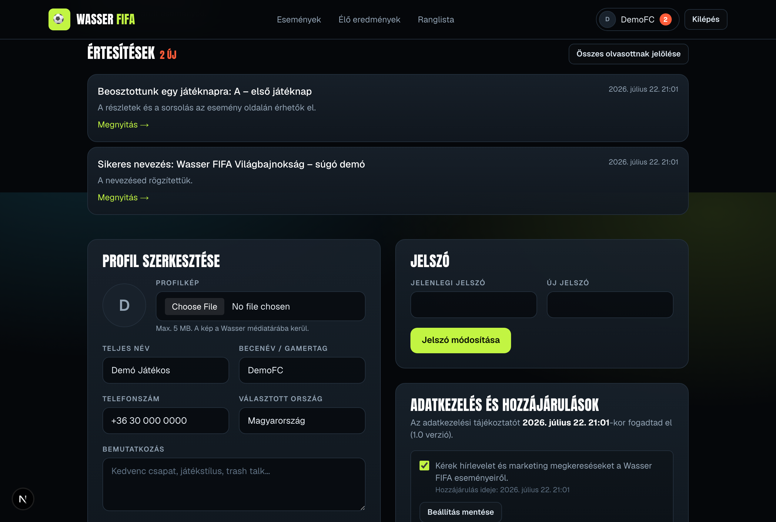A profil szerkesztő űrlap a profilkép feltöltésével